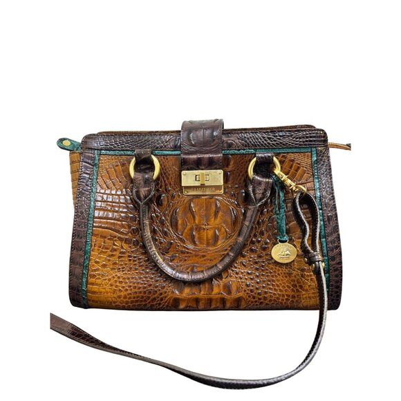 Brahmin Tricolor Cognac Brown & Green Croc Embossed Leather Shoulder Bag Satchel - Picture 5 of 10